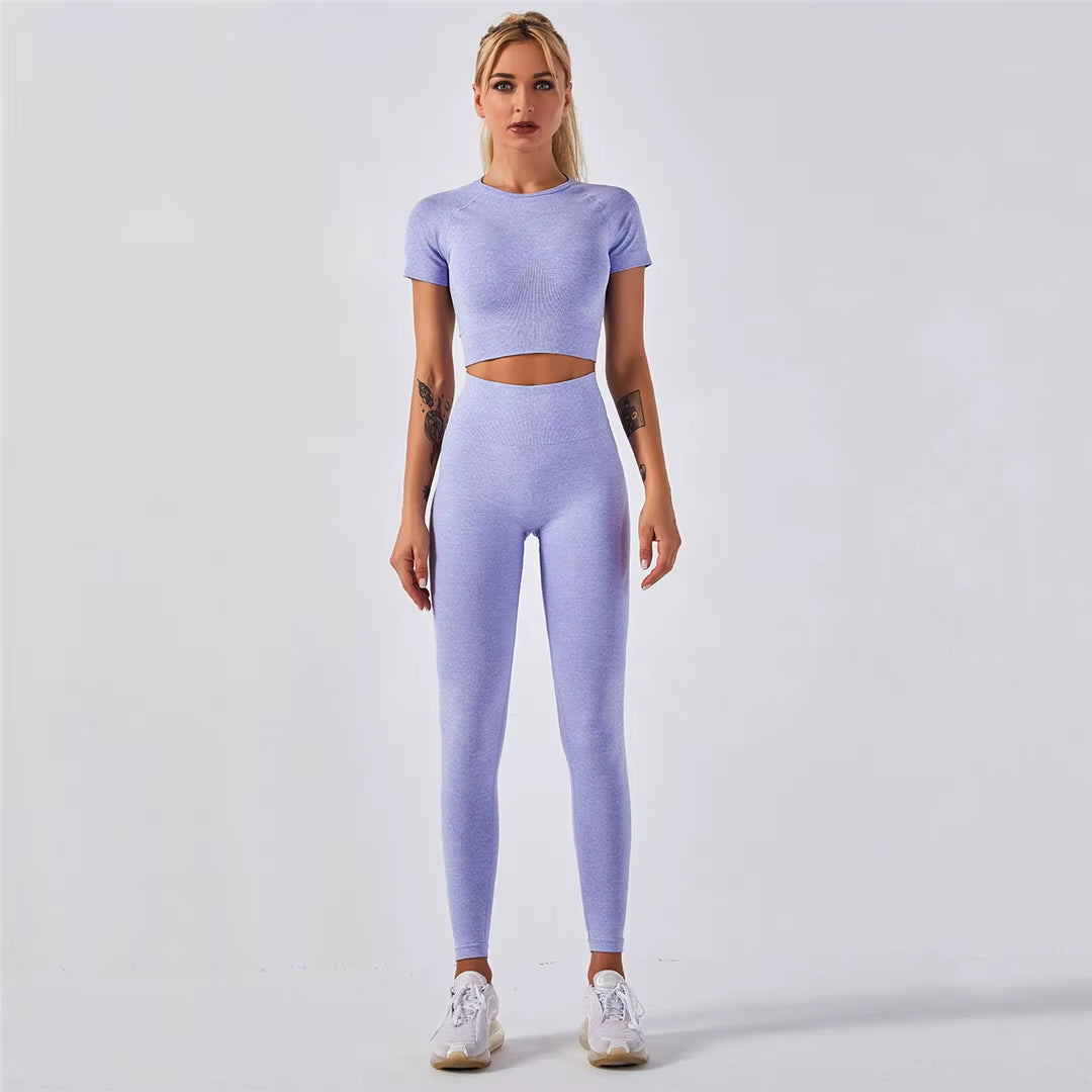 Sportswear Top 2Pcs Yoga Set Women Yoga Suit Short Sleeve High Waist Leggings Gym Quick Dry Yoga Wear Energy Fitness Suit A012