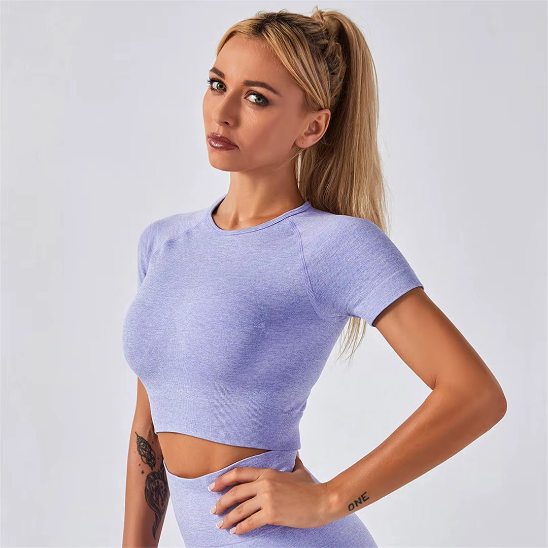 Sportswear Top 2Pcs Yoga Set Women Yoga Suit Short Sleeve High Waist Leggings Gym Quick Dry Yoga Wear Energy Fitness Suit A012