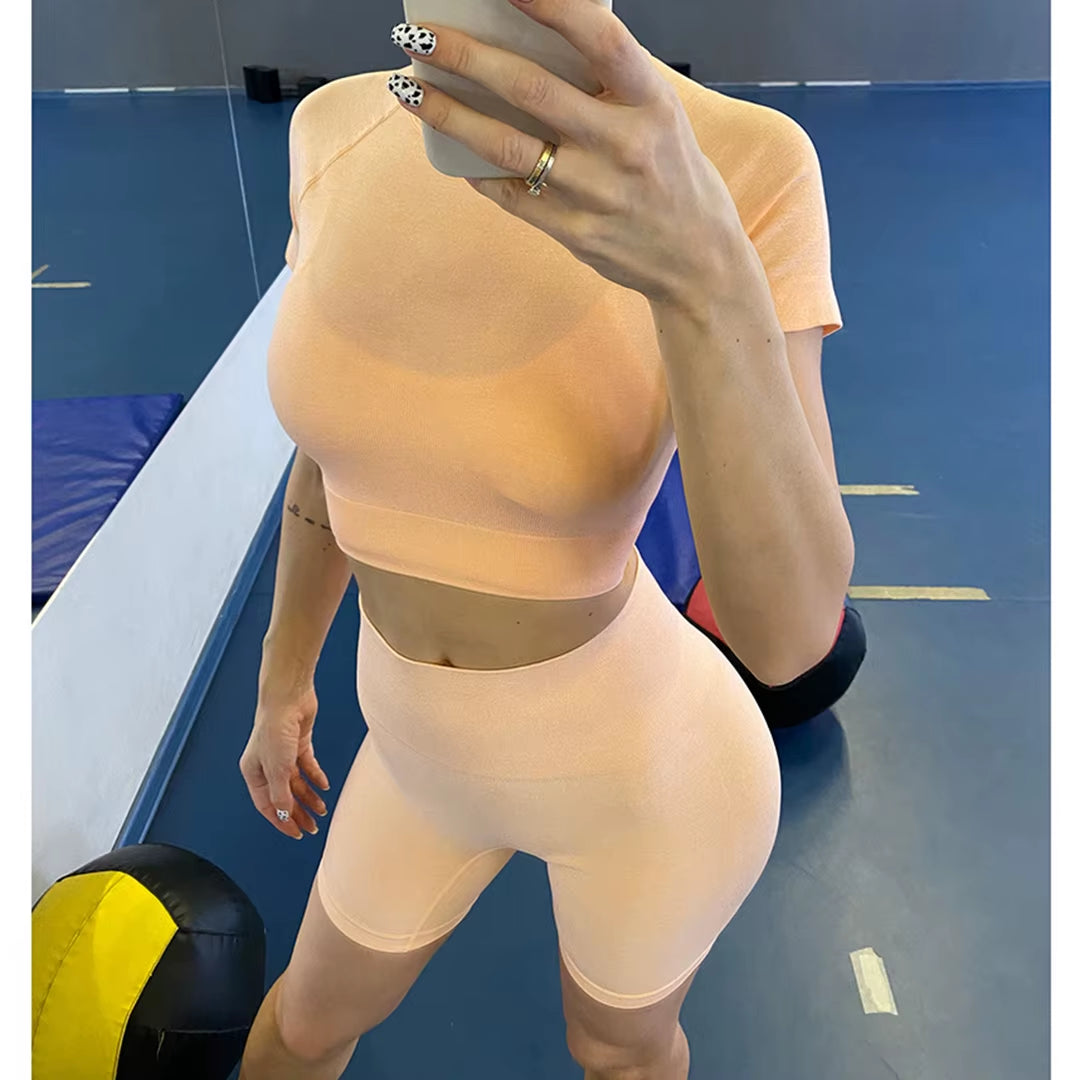 Sportswear Top 2Pcs Yoga Set Women Yoga Suit Short Sleeve High Waist Leggings Gym Quick Dry Yoga Wear Energy Fitness Suit A012