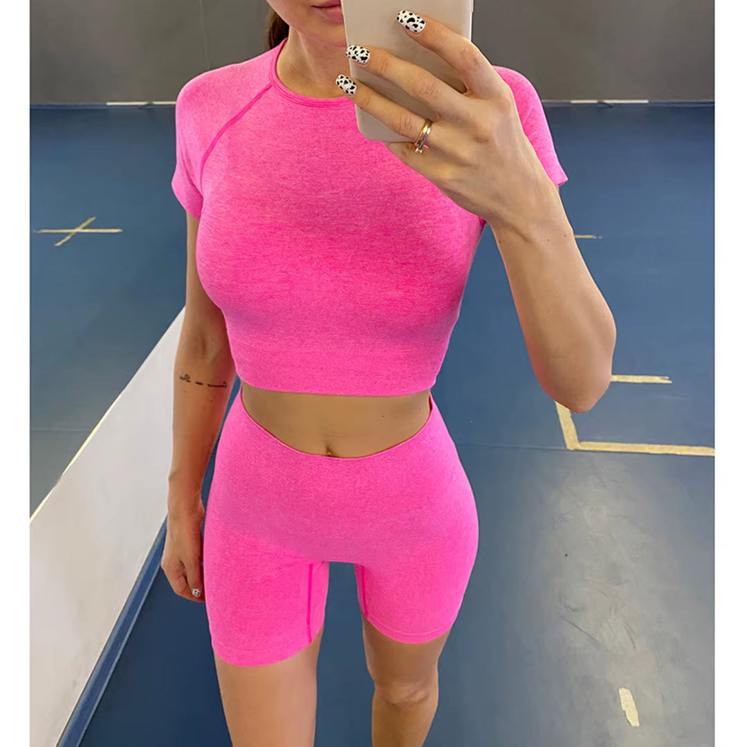 Sportswear Top 2Pcs Yoga Set Women Yoga Suit Short Sleeve High Waist Leggings Gym Quick Dry Yoga Wear Energy Fitness Suit A012