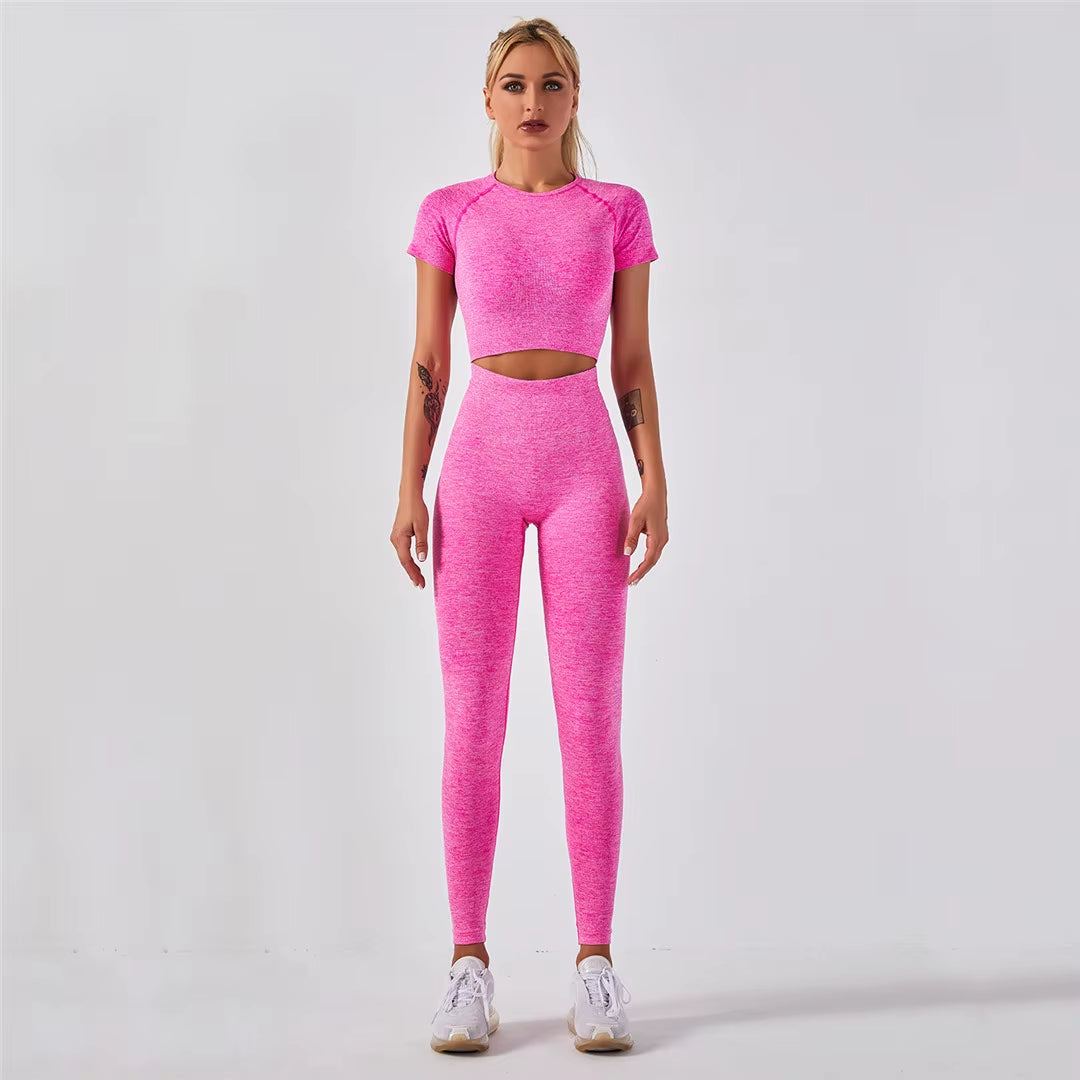 Sportswear Top 2Pcs Yoga Set Women Yoga Suit Short Sleeve High Waist Leggings Gym Quick Dry Yoga Wear Energy Fitness Suit A012