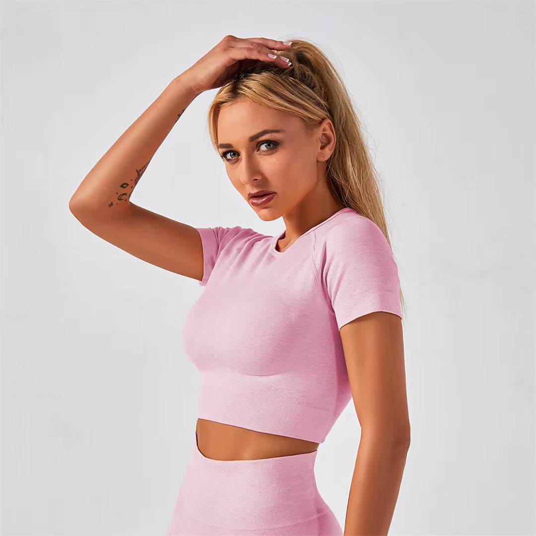 Sportswear Top 2Pcs Yoga Set Women Yoga Suit Short Sleeve High Waist Leggings Gym Quick Dry Yoga Wear Energy Fitness Suit A012