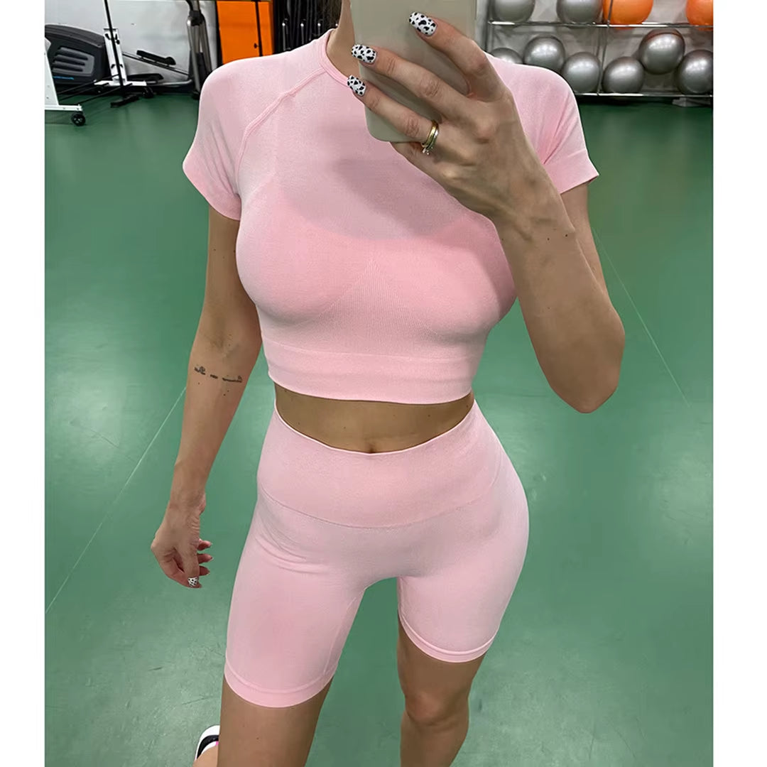 Sportswear Top 2Pcs Yoga Set Women Yoga Suit Short Sleeve High Waist Leggings Gym Quick Dry Yoga Wear Energy Fitness Suit A012