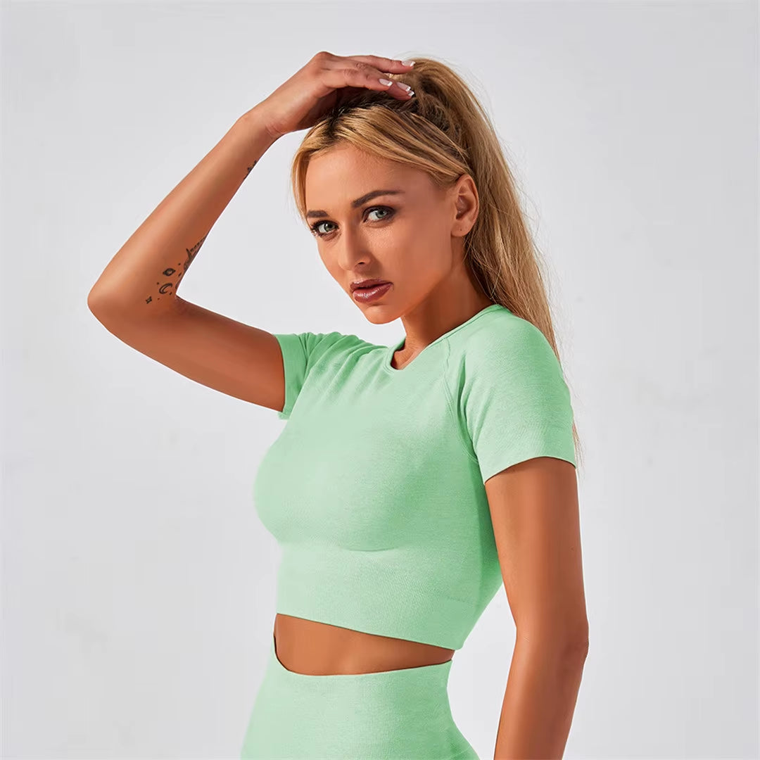 Sportswear Top 2Pcs Yoga Set Women Yoga Suit Short Sleeve High Waist Leggings Gym Quick Dry Yoga Wear Energy Fitness Suit A012