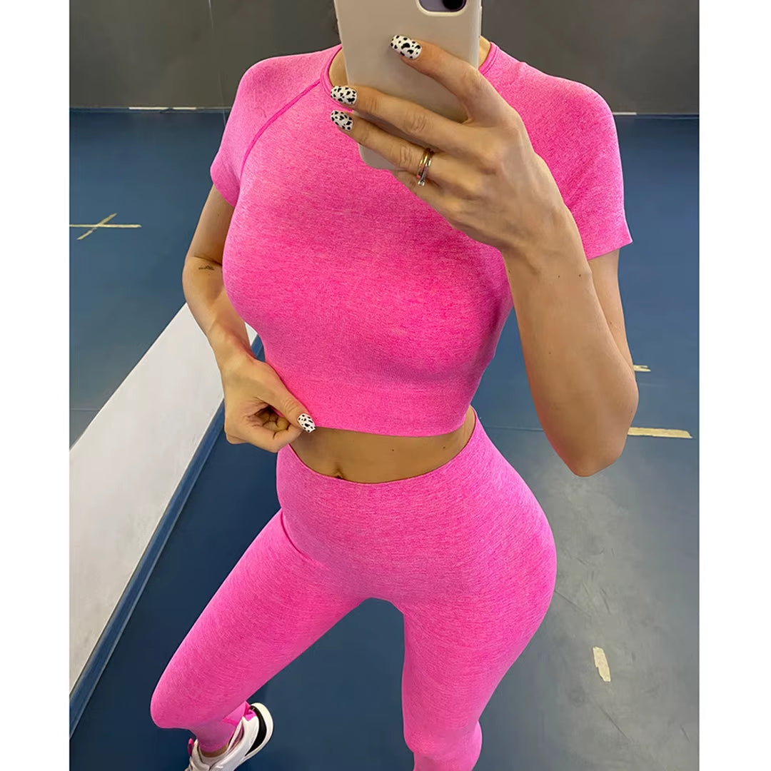 Sportswear Top 2Pcs Yoga Set Women Yoga Suit Short Sleeve High Waist Leggings Gym Quick Dry Yoga Wear Energy Fitness Suit A012