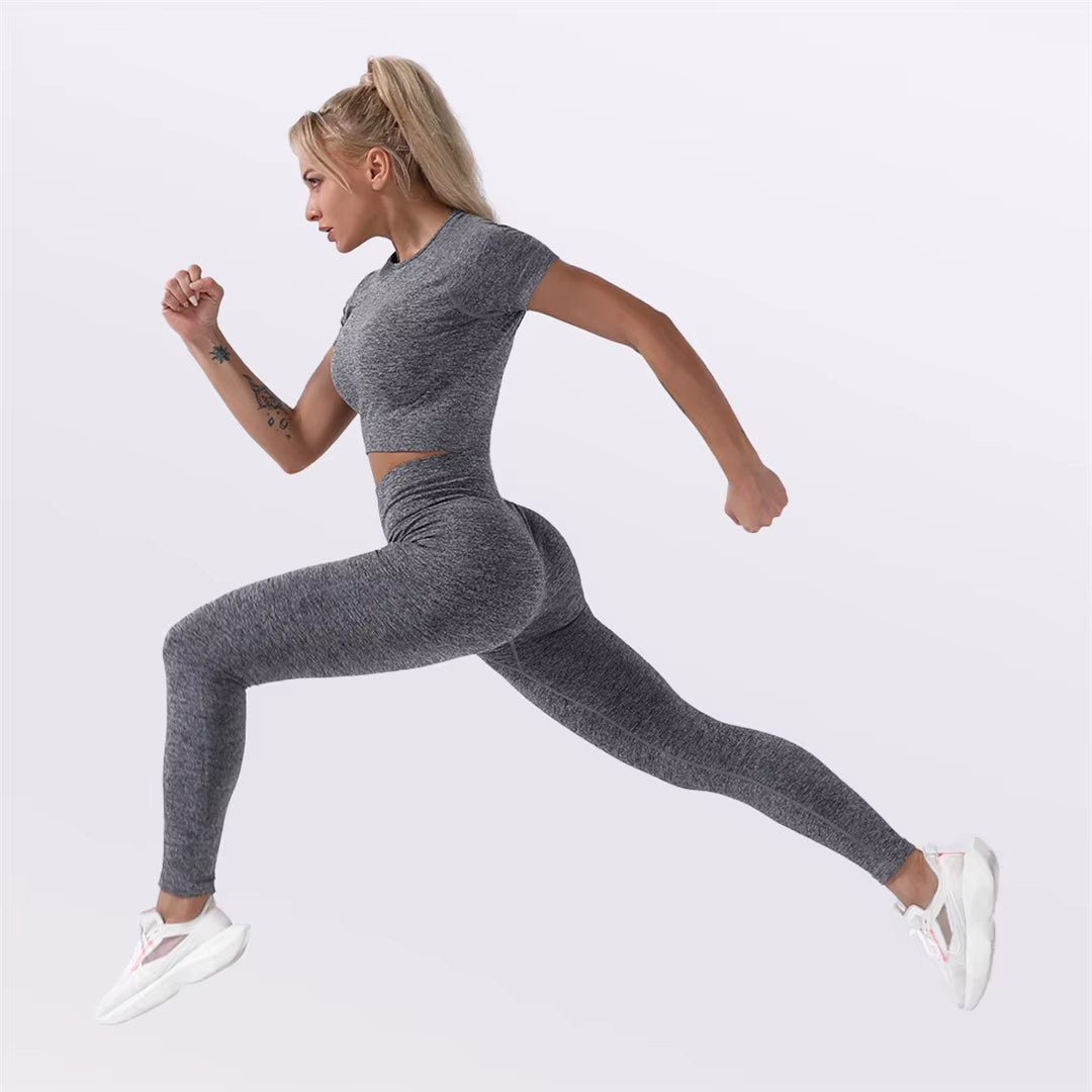 Sportswear Top 2Pcs Yoga Set Women Yoga Suit Short Sleeve High Waist Leggings Gym Quick Dry Yoga Wear Energy Fitness Suit A012