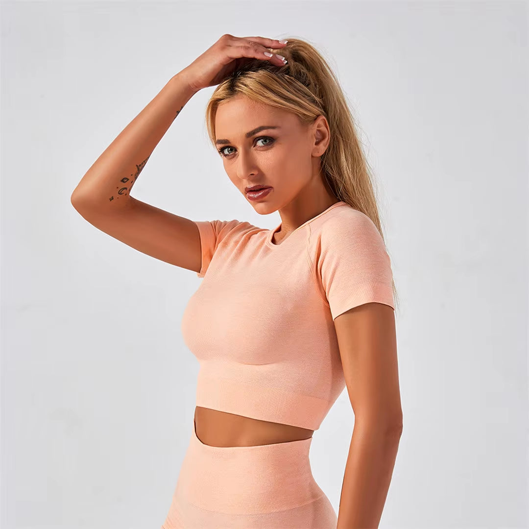 Sportswear Top 2Pcs Yoga Set Women Yoga Suit Short Sleeve High Waist Leggings Gym Quick Dry Yoga Wear Energy Fitness Suit A012