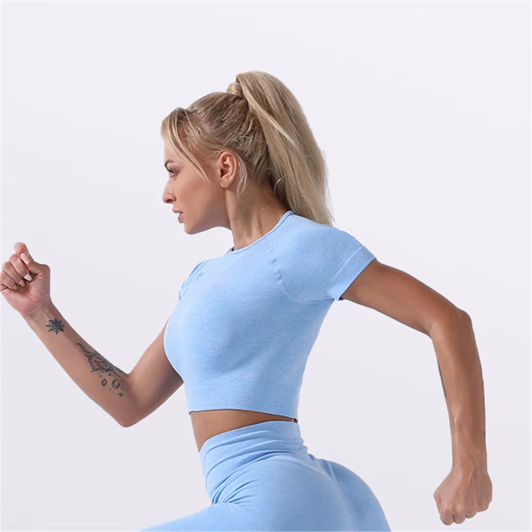 Sportswear Top 2Pcs Yoga Set Women Yoga Suit Short Sleeve High Waist Leggings Gym Quick Dry Yoga Wear Energy Fitness Suit A012