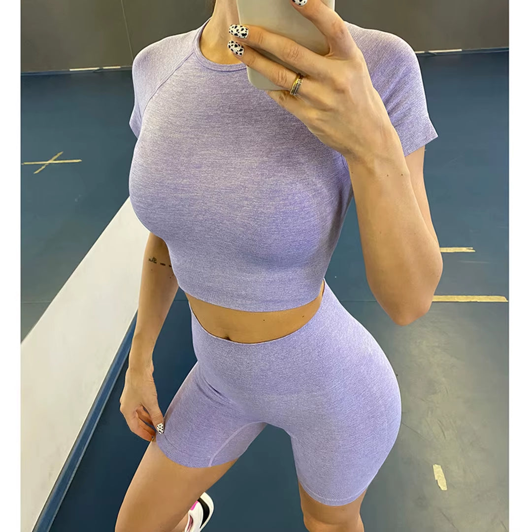 Sportswear Top 2Pcs Yoga Set Women Yoga Suit Short Sleeve High Waist Leggings Gym Quick Dry Yoga Wear Energy Fitness Suit A012