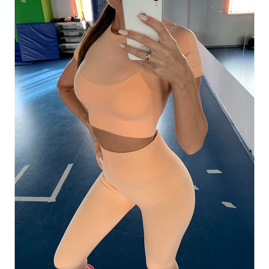 Sportswear Top 2Pcs Yoga Set Women Yoga Suit Short Sleeve High Waist Leggings Gym Quick Dry Yoga Wear Energy Fitness Suit A012