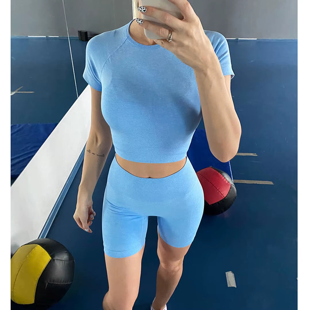 Sportswear Top 2Pcs Yoga Set Women Yoga Suit Short Sleeve High Waist Leggings Gym Quick Dry Yoga Wear Energy Fitness Suit A012