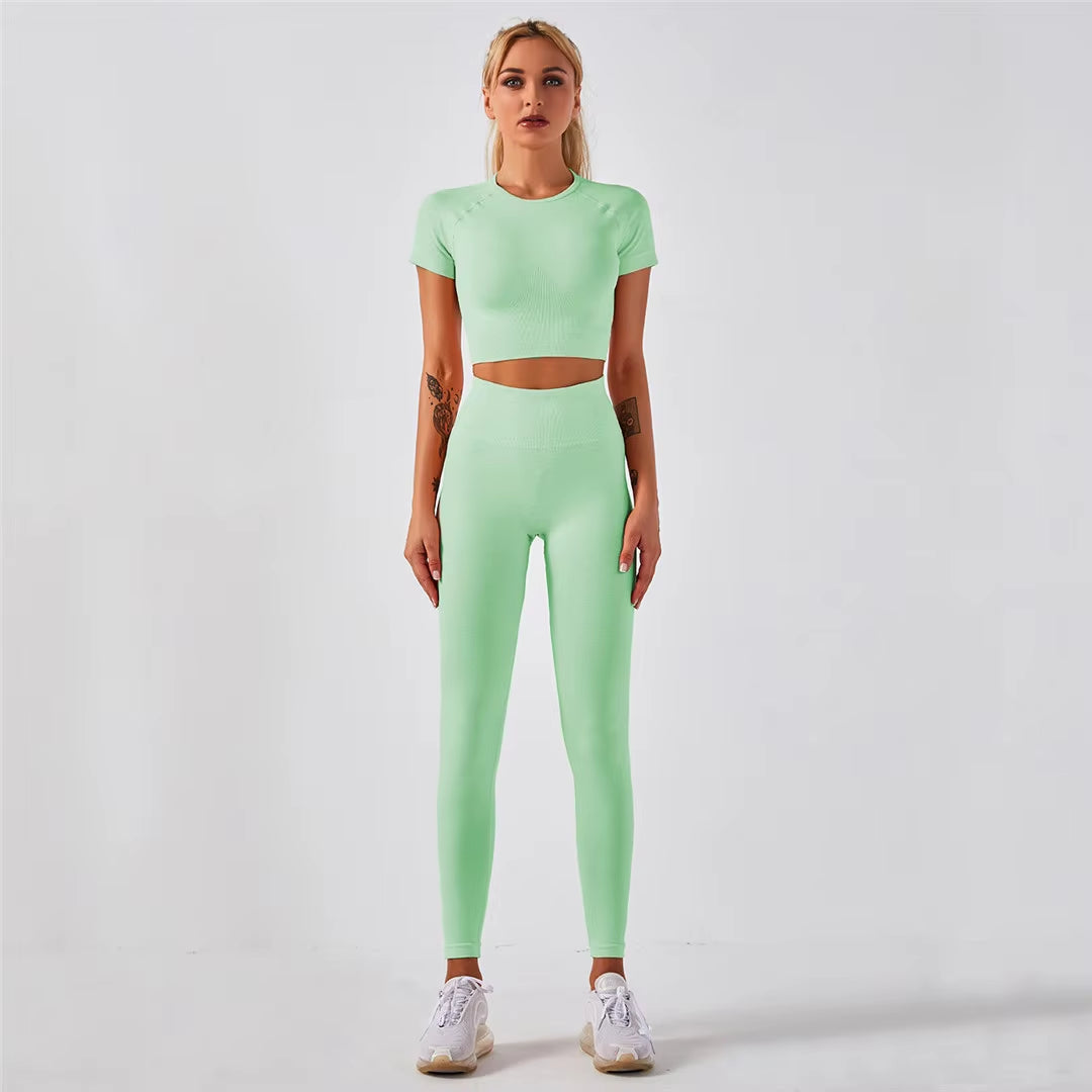 Sportswear Top 2Pcs Yoga Set Women Yoga Suit Short Sleeve High Waist Leggings Gym Quick Dry Yoga Wear Energy Fitness Suit A012