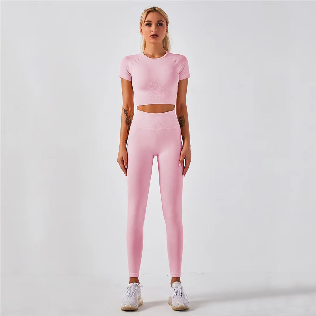 Sportswear Top 2Pcs Yoga Set Women Yoga Suit Short Sleeve High Waist Leggings Gym Quick Dry Yoga Wear Energy Fitness Suit A012