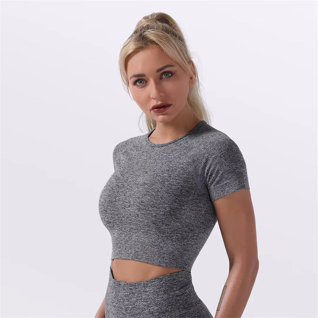 Sportswear Top 2Pcs Yoga Set Women Yoga Suit Short Sleeve High Waist Leggings Gym Quick Dry Yoga Wear Energy Fitness Suit A012